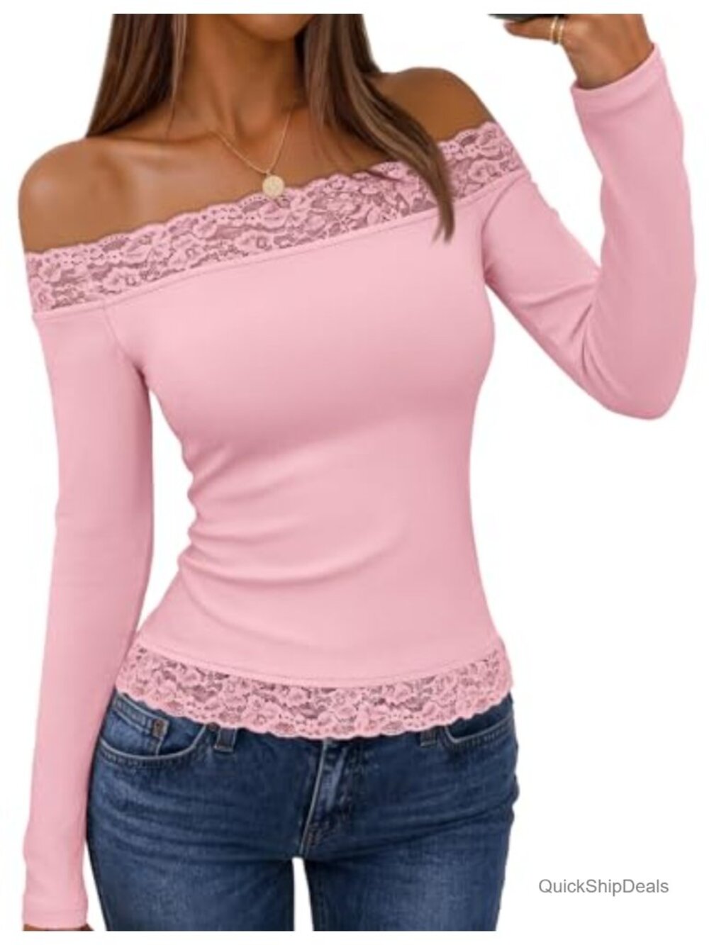 Off Shoulder Long Sleeve Cropped Lace Trim Top Y2K Going Out Shirt